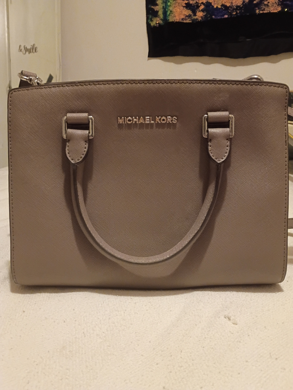 Michael Kors Taupe Saffiano Satchel with Silver-Tone Hardware